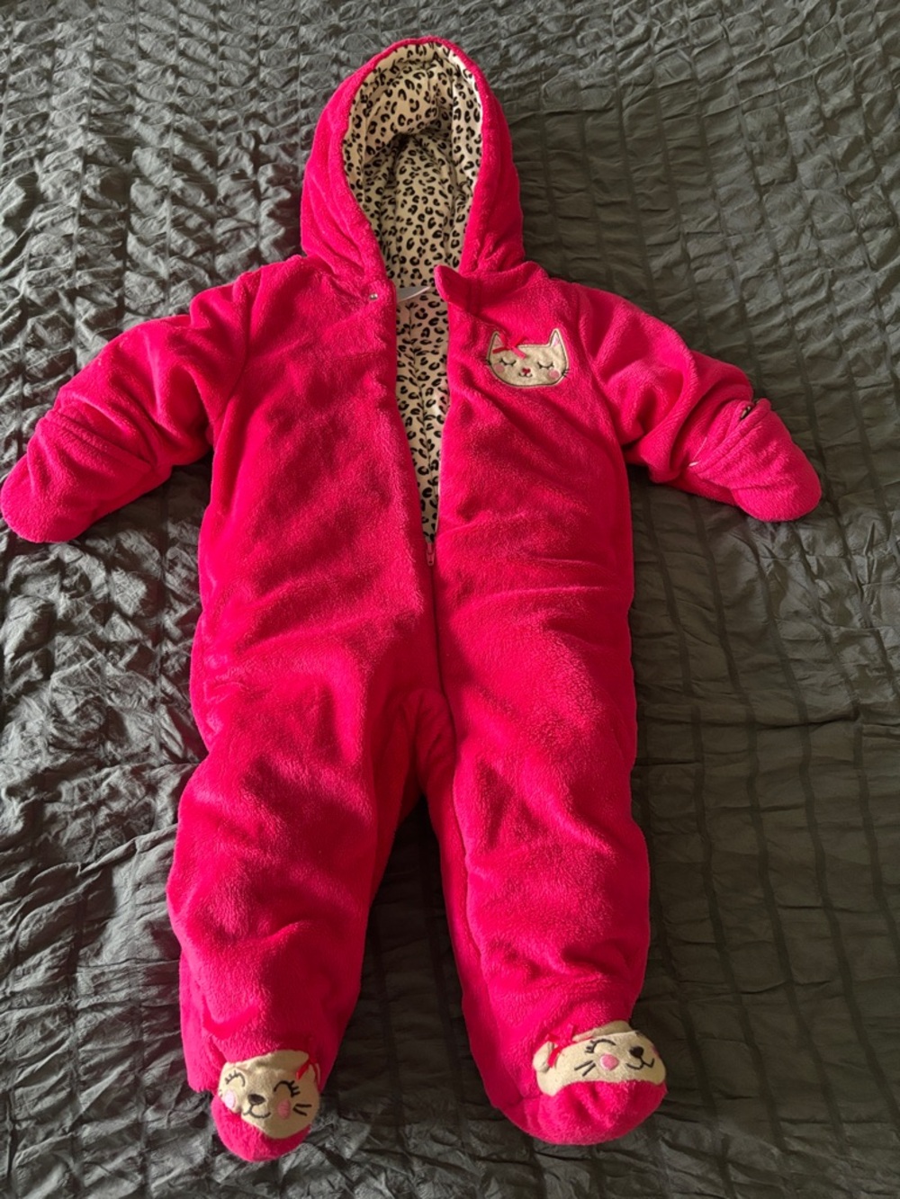 Little Wonders Bright Hot Pink Hooded Infant Footed Snowsuit with Cat Accents